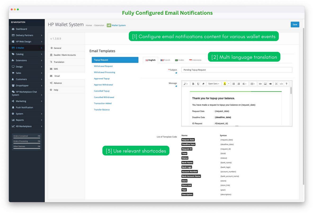 email notification seting for opencart wallet system